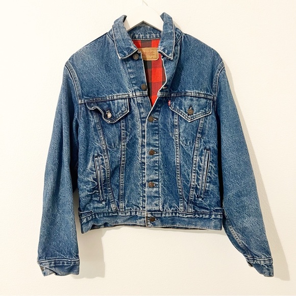 Levis Denim Trucker Lined Jacket Vintage 90s Plaid Red Made USA Size 40